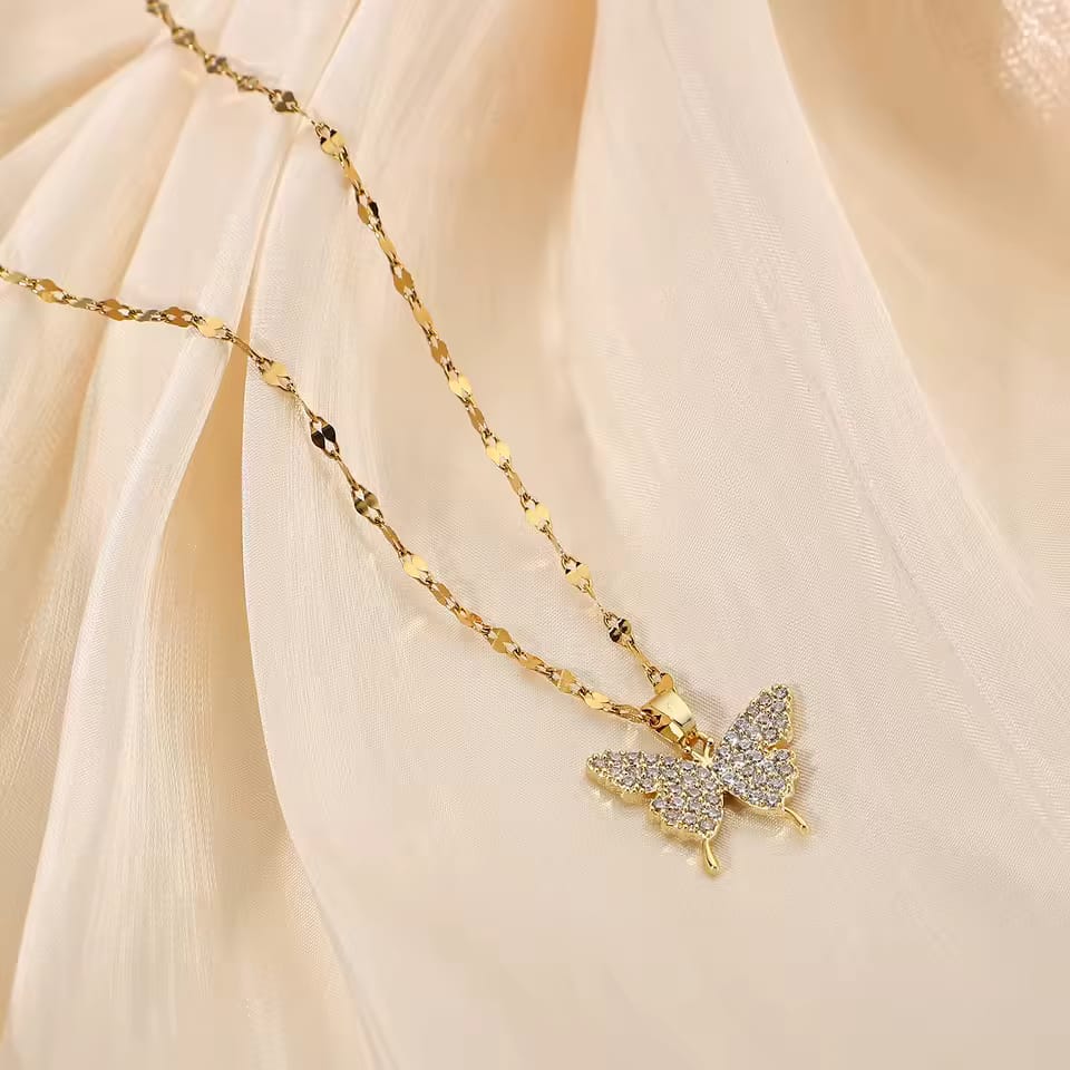 Shiny Butterfly Necklace Exquisite Golden & Silver Crystal Pendant Collar Chain Necklace and ear pins