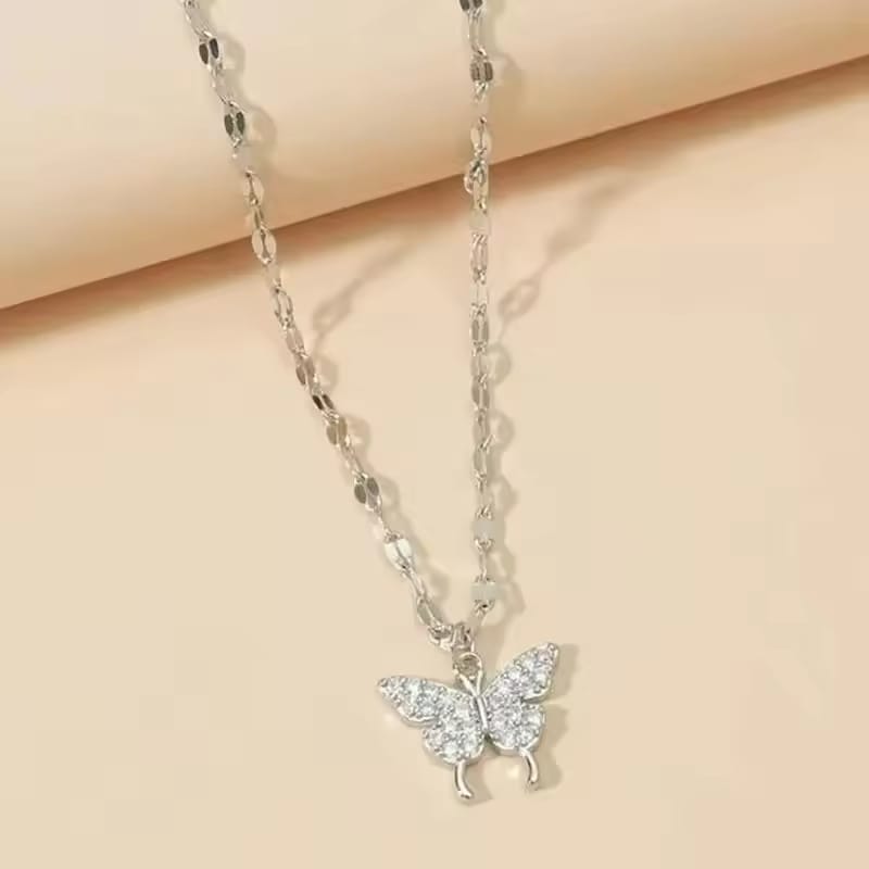 Shiny Butterfly Necklace Exquisite Golden & Silver Crystal Pendant Collar Chain Necklace and ear pins