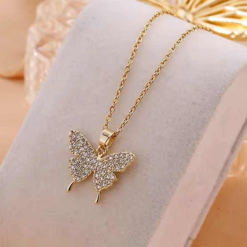 Shiny Butterfly Necklace Exquisite Golden & Silver Crystal Pendant Collar Chain Necklace and ear pins