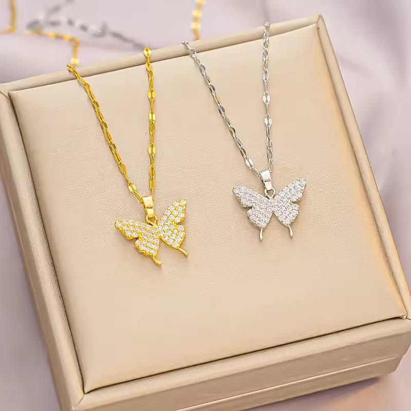 Shiny Butterfly Necklace Exquisite Golden & Silver Crystal Pendant Collar Chain Necklace and ear pins